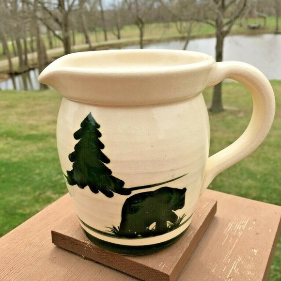 East Texas Pottery Small Pitcher Lodge Rustic Bear Pine Trees Marshall TX - Picture 2 of 5